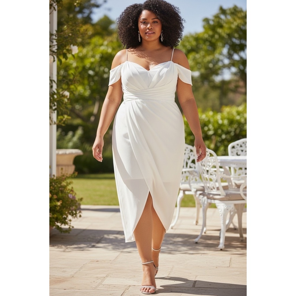 City Chic Ivory Maxi Entwine FF Off Shoulder Ruched Wrap Dress L 20 NEW